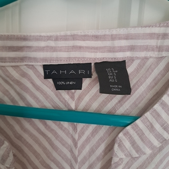 TAHARI 100% LINEN TOP V Neck short sleeve stripe coastal resort wear beachy SM - Picture 7 of 10